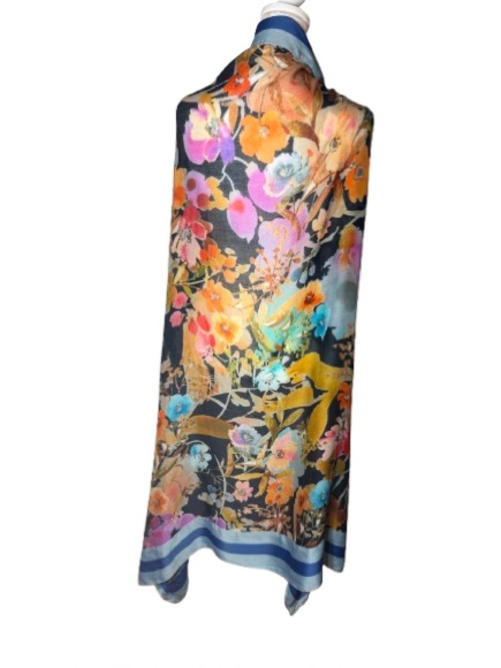 Vibrant Colorful Floral Blue Border Lightweight Scarf Wrap Shawl Poncho